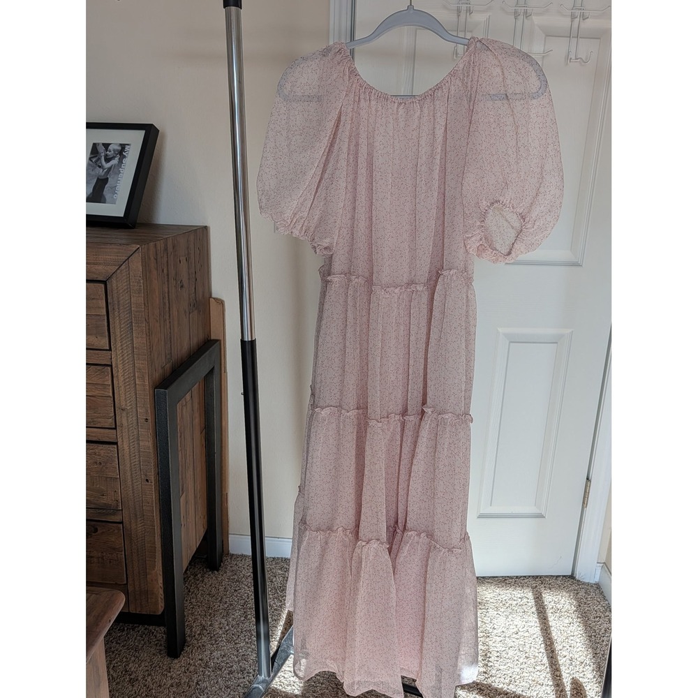 Jacquie The Label Pink Floral Tiered Maxi Dress Puff Sleeve XS